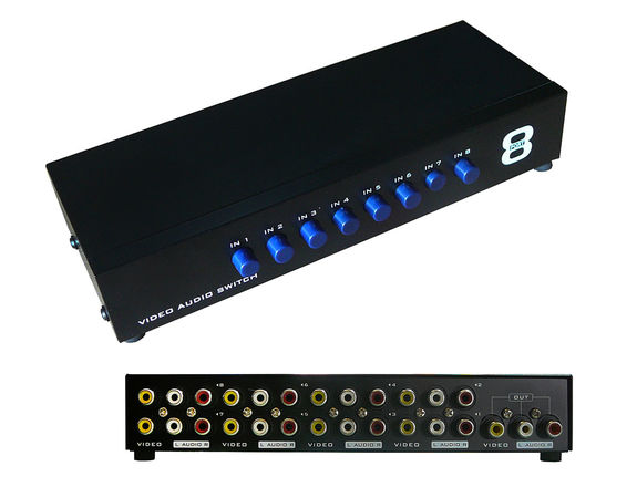Switch Audio Stereo + Video Composite - 8 Ports - Needle One Input to 8 Outputs or 8 Inputs to One Output