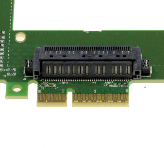 PCIe x4 Gen 5.0 16GB/s controller card for PCIe NVMe U.2 U2 68-pin SFF-8639 SSDs. Direct board mount without cable.
