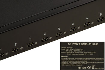 Station de charge industrielle rackable 44cm 16 ports USB type C puissance maximale 200W, alimentation 5V 2.1A par port