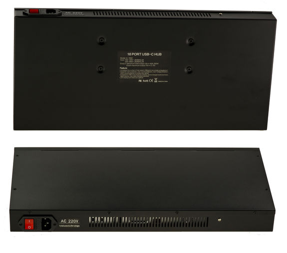 Station de charge industrielle rackable 44cm 16 ports USB type C puissance maximale 200W, alimentation 5V 2.1A par port