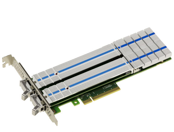 PCIe 3.0 x8 controller card for 2 M.2 NVMe M Key SSDs HARWARE RAID 0 1, JBOD with removable HOTPLUG RACKS