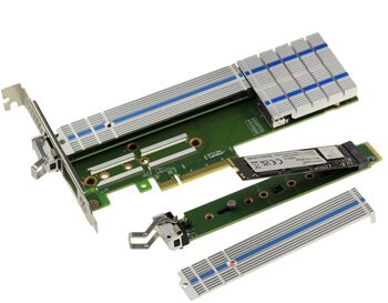 PCIe 3.0 x8 controller card for 2 M.2 NVMe M Key SSDs HARWARE RAID 0 1, JBOD with removable HOTPLUG RACKS