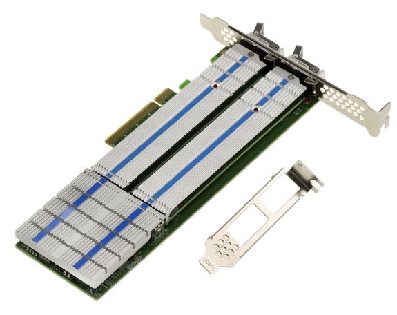 PCIe 3.0 x8 controller card for 2 M.2 NVMe M Key SSDs HARWARE RAID 0 1, JBOD with removable HOTPLUG RACKS