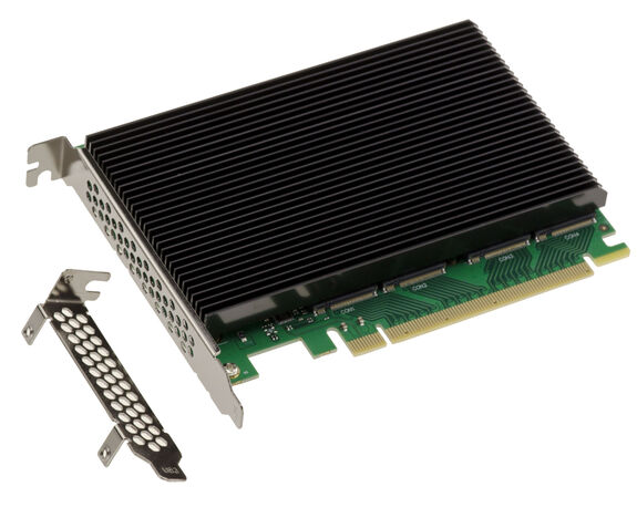 PCIe Gen 5.0 x16 controller card for 4 M.2 NVMe M Key SSDs with PI6CB33402 chipset