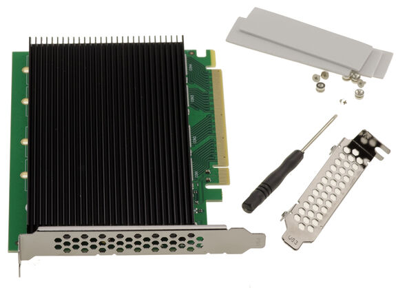 PCIe Gen 5.0 x16 controller card for 4 M.2 NVMe M Key SSDs with PI6CB33402 chipset
