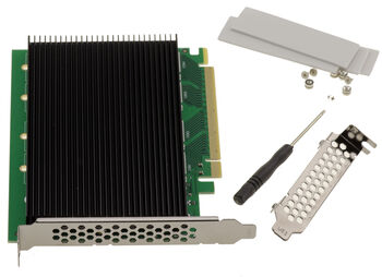 PCIe Gen 5.0 x16 controller card for 4 M.2 NVMe M Key SSDs with PI6CB33402 chipset