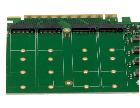 PCIe Gen 5.0 x16 controller card for 4 M.2 NVMe M Key SSDs with PI6CB33402 chipset