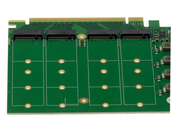 PCIe Gen 5.0 x16 controller card for 4 M.2 NVMe M Key SSDs with PI6CB33402 chipset