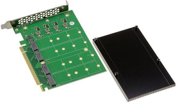 PCIe Gen 5.0 x16 controller card for 4 M.2 NVMe M Key SSDs with PI6CB33402 chipset