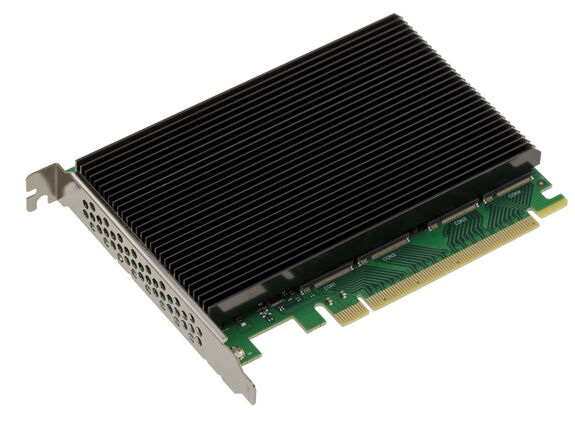 PCIe Gen 5.0 x16 controller card for 4 M.2 NVMe M Key SSDs with PI6CB33402 chipset