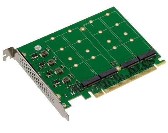 PCIe Gen 5.0 x16 controller card for 4 M.2 NVMe M Key SSDs with PI6CB33402 chipset