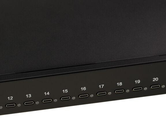 Station de charge industrielle rackable 44cm 20 ports USB type C puissance maximale 200W, alimentation 5V 2.1A par port