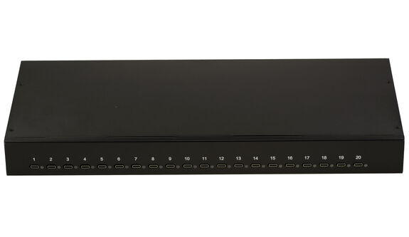 Station de charge industrielle rackable 44cm 20 ports USB type C puissance maximale 200W, alimentation 5V 2.1A par port