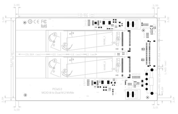 Adaptateur Gen 5.0 pour 2 SSD M2 PCIe NVMe M Key vers MCIO 8i  - Débit 32 GB