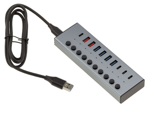 USB3-Hub aus Aluminium mit 7 USB 3.0 5G A- und C-Anschlüssen und 3 Quick Charge PD-Anschlüssen, externes Netzteil 12 V, 3 A