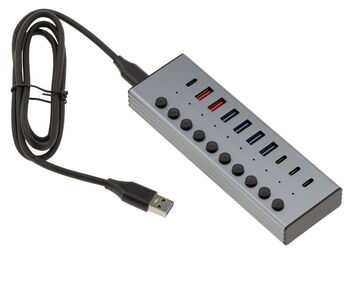 USB3-Hub aus Aluminium mit 7 USB 3.0 5G A- und C-Anschlüssen und 3 Quick Charge PD-Anschlüssen, externes Netzteil 12 V, 3 A
