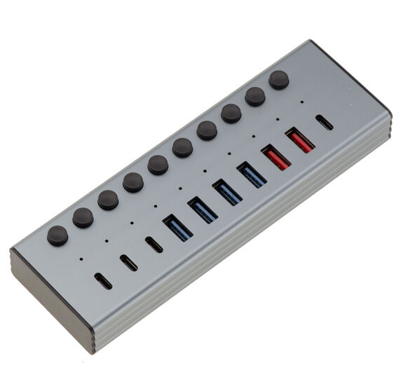 USB3-Hub aus Aluminium mit 7 USB 3.0 5G A- und C-Anschlüssen und 3 Quick Charge PD-Anschlüssen, externes Netzteil 12 V, 3 A