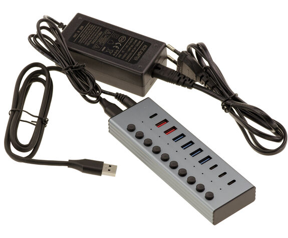 USB3-Hub aus Aluminium mit 7 USB 3.0 5G A- und C-Anschlüssen und 3 Quick Charge PD-Anschlüssen, externes Netzteil 12 V, 3 A
