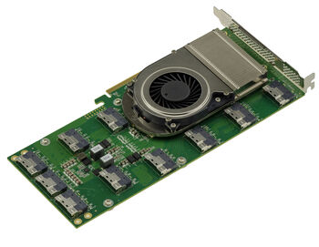 PCIe 4.0-Switch-Controller-Karte mit 10 SFF-8654 8i-Anschlüssen zur Steuerung von bis zu 20 NVMe-SSDs oder 5 Grafikkarten, Broadcom PEX88096-Chipsatz.