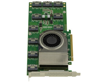 PCIe 4.0-Switch-Controller-Karte mit 10 SFF-8654 8i-Anschlüssen zur Steuerung von bis zu 20 NVMe-SSDs oder 5 Grafikkarten, Broadcom PEX88096-Chipsatz.