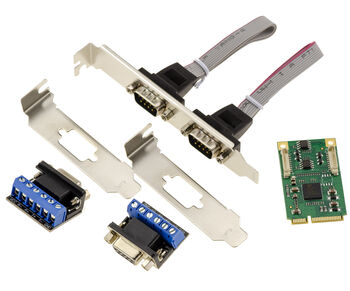 Carte Mini PCIe 2 ports série RS422 RS485 DB9 avec chipset  EXAR XR17V352 fournie avec adaptateurs pour montage fil à fil.