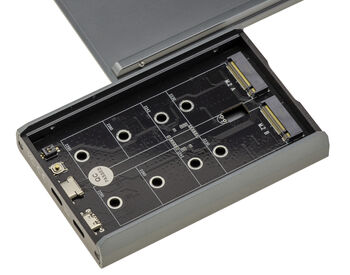 Aluminiumgehäuse für RAID und USB 3.2-Klonstation mit 20 GB für 2 M.2-SSDs (unterstützt sowohl M.2 NVMe als auch M.2 SATA). Konfiguration als PM oder RAID 0/1 sowie Klonen von einer SSD auf die andere