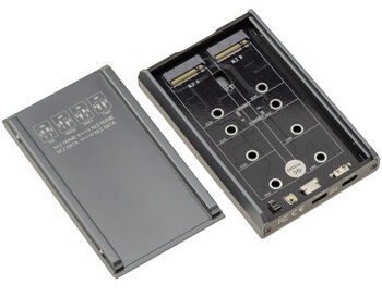 Aluminiumgehäuse für RAID und USB 3.2-Klonstation mit 20 GB für 2 M.2-SSDs (unterstützt sowohl M.2 NVMe als auch M.2 SATA). Konfiguration als PM oder RAID 0/1 sowie Klonen von einer SSD auf die andere