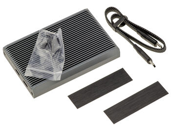 Aluminiumgehäuse für RAID und USB 3.2-Klonstation mit 20 GB für 2 M.2-SSDs (unterstützt sowohl M.2 NVMe als auch M.2 SATA). Konfiguration als PM oder RAID 0/1 sowie Klonen von einer SSD auf die andere