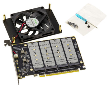 Carte adaptateur PCIe 5.0 x16 vers 4 SSD M.2 NVMe M-Key avec ventilation. Pour carte mère avec support bifurcation