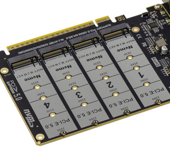 Carte adaptateur PCIe 5.0 x16 vers 4 SSD M.2 NVMe M-Key avec ventilation. Pour carte mère avec support bifurcation