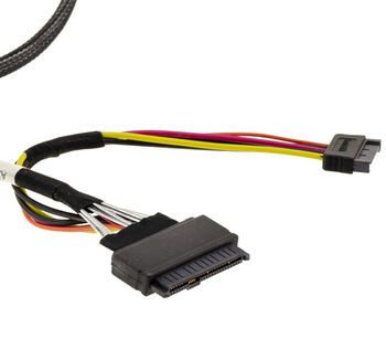 Slim-SAS-Kabel SFF-8643 (Stecker) auf U.2 SFF-8639 mit SATA-Stromversorgung, Länge 80 cm, mit Amphenol-Steckern