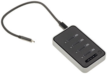 Cloning-Dockingstation für 4 M.2-NVMe-SSD-Laufwerke der Generationen 3.0 und 4.0 mit USB4-Thunderbolt-40G-Anschluss. Unterstützte Kapazität: 32 TB