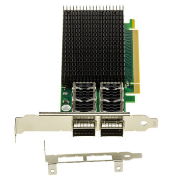 Carte réseau PCIe 4.0 x16 Mellanox ConnectX-5 avec 2 ports QSFP28 jusqu’à 100GbE, fonctions RDMA, RoCE, NVMe-oF, SR-IOV et Jumbo Frame.