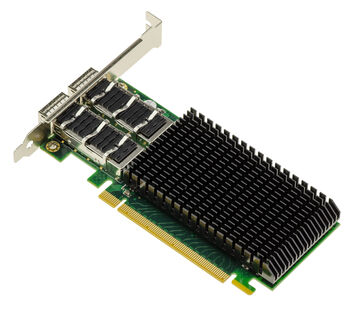 Carte réseau PCIe 4.0 x16 Mellanox ConnectX-5 avec 2 ports QSFP28 jusqu’à 100GbE, fonctions RDMA, RoCE, NVMe-oF, SR-IOV et Jumbo Frame.