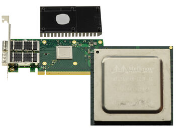 Carte réseau PCIe 4.0 x16 Mellanox ConnectX-5 avec 2 ports QSFP28 jusqu’à 100GbE, fonctions RDMA, RoCE, NVMe-oF, SR-IOV et Jumbo Frame.
