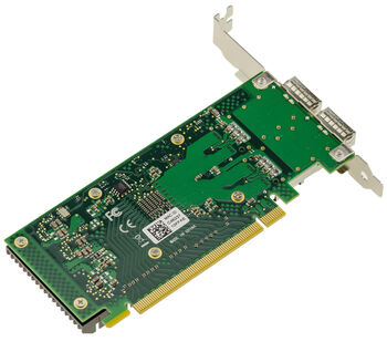 Carte réseau PCIe 4.0 x16 Mellanox ConnectX-5 avec 2 ports QSFP28 jusqu’à 100GbE, fonctions RDMA, RoCE, NVMe-oF, SR-IOV et Jumbo Frame.