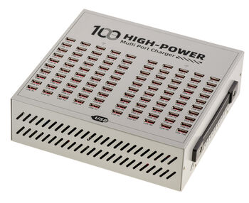 Station de charge 100 ports USB A, puissance 600W, sorties 5V 2.4A, alimentation 100-240V et boîtier métallique avec poignée de transport.