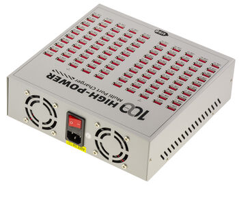 Station de charge 100 ports USB A, puissance 600W, sorties 5V 2.4A, alimentation 100-240V et boîtier métallique avec poignée de transport.