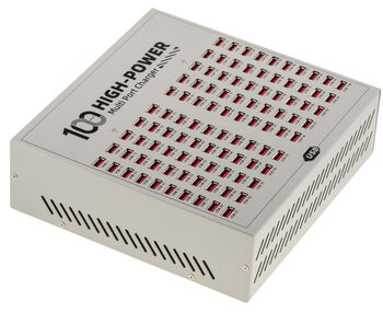 Station de charge 100 ports USB A, puissance 600W, sorties 5V 2.4A, alimentation 100-240V et boîtier métallique avec poignée de transport.