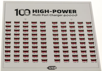 Station de charge 100 ports USB A, puissance 600W, sorties 5V 2.4A, alimentation 100-240V et boîtier métallique avec poignée de transport.