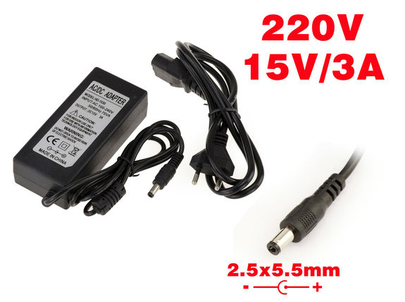 External power supply AC DC - 220V to 15V 3A Endcap 2.5x5.5mm Endcap 2.5x5.5mm