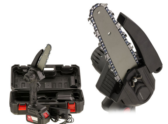 Cordless chainsaw with 15cm cutting guide, 21V battery and mains charger. Sold in a box.