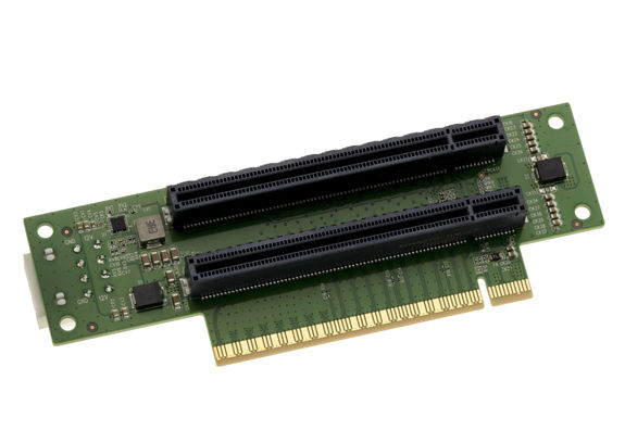 PCIe Gen 5.0 x16 riser duplicator adapter to 2 x16 ports at 90°, 64 GB/s throughput