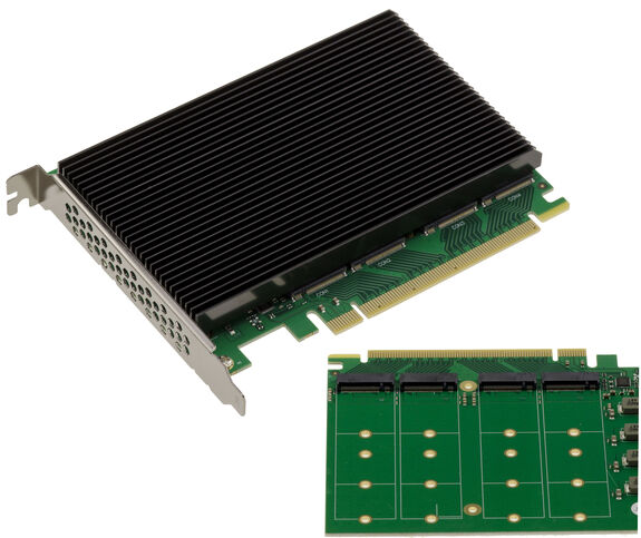 PCIe Gen 5.0 x16 controller card for 4 M.2 NVMe M Key SSDs with PI6CB33402 chipset