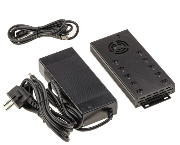 Industrial metal charging station with 10 USB Type-C ports, maximum power 120W, 5V 2.1A power supply per port