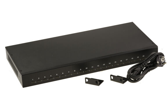 Station de charge industrielle rackable 44cm 20 ports USB type C puissance maximale 200W, alimentation 5V 2.1A par port