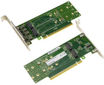 Double-sided PCIe Gen 4.0 x16 controller card for 4 M.2 NVMe M Key SSDs, low or high profile mounting