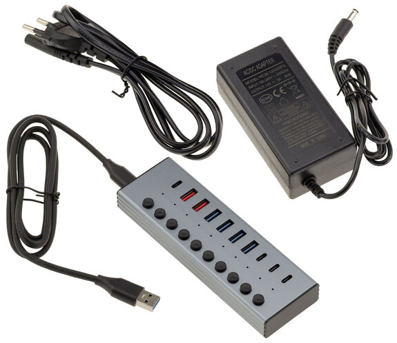 USB3-Hub aus Aluminium mit 7 USB 3.0 5G A- und C-Anschlüssen und 3 Quick Charge PD-Anschlüssen, externes Netzteil 12 V, 3 A