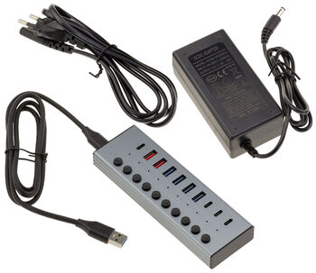 Hub multiprise USB3 en aluminium avec 7 Ports USB 3.0 5G A et C et 3 ports quick charge PD, alimentation externe 12V 3A