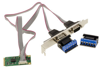 Carte Mini PCIe 2 ports série RS422 RS485 DB9 avec chipset  EXAR XR17V352 fournie avec adaptateurs pour montage fil à fil.